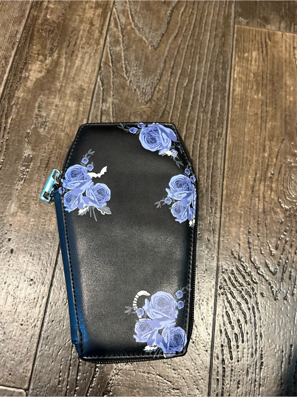 Coffin Shaped Floral Wristlet Clutch with Blue Rose Print